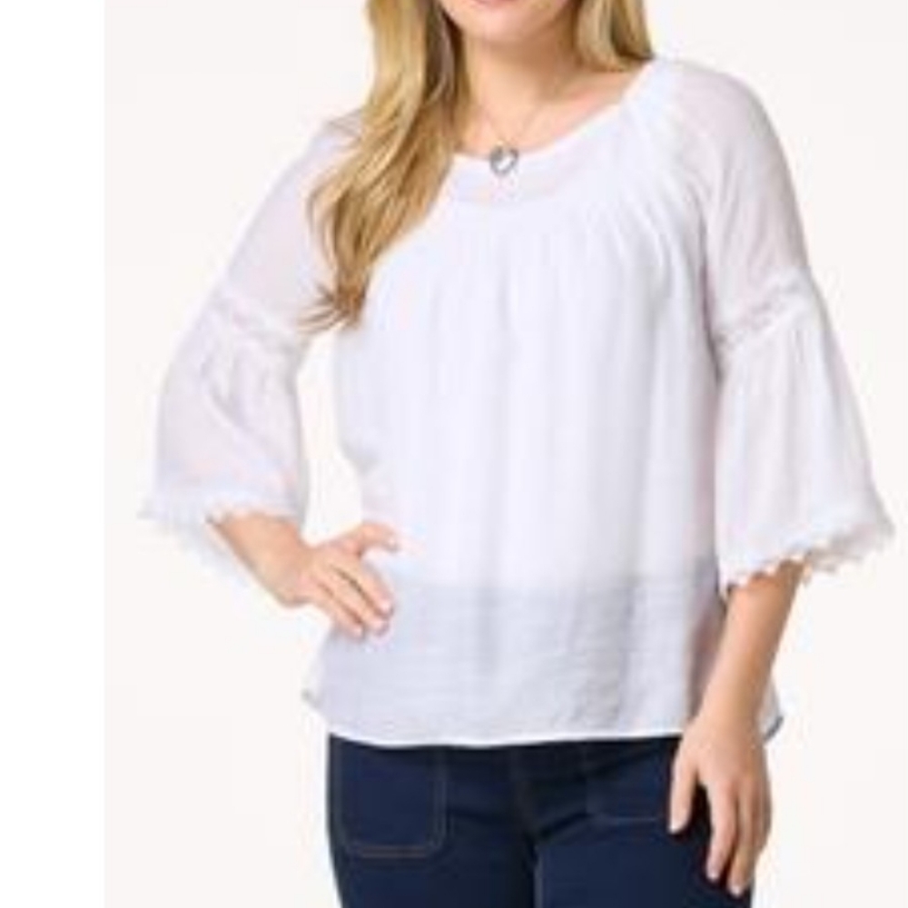 Cato White Bell Sleeve Smocked Top With Lace Accents To FtBlouse